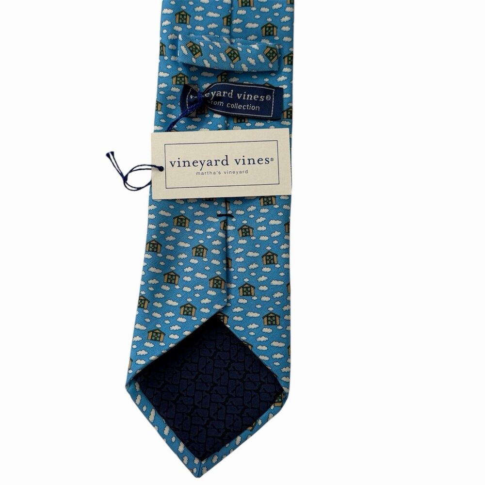 Vineyard Vines Silk Neck Tie Blue Clouds House Print USA Made Custom NWT